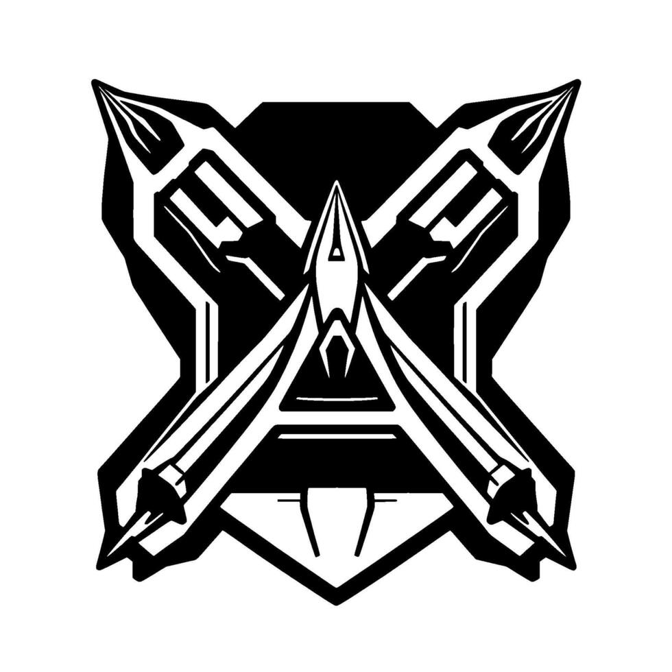Symmetric Black and White Emblem Featuring Stylized Crossed Weapons and Geometric Shapes, Futuristic, Minimalist , Art. vector