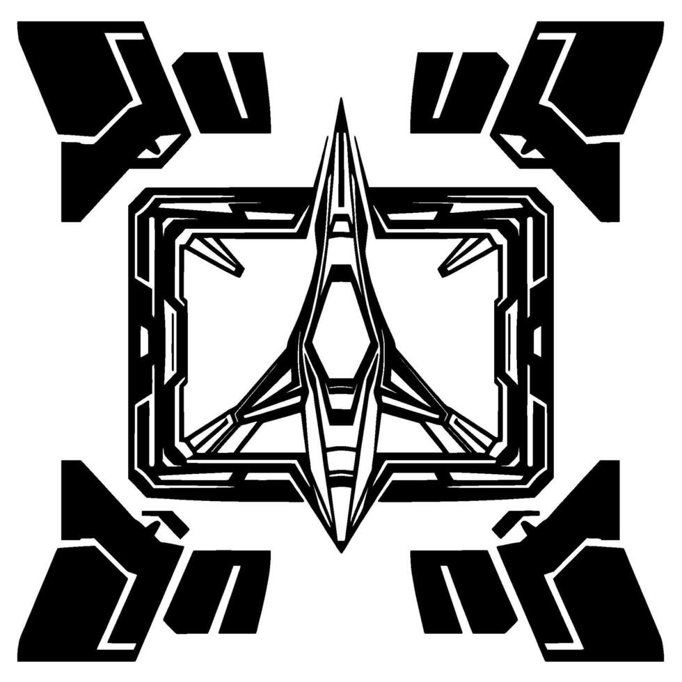Futuristic abstract monochrome symmetrical composition featuring a central stylized jet fighter within a rectangular frame with stylized geometric shapes in the corners. vector