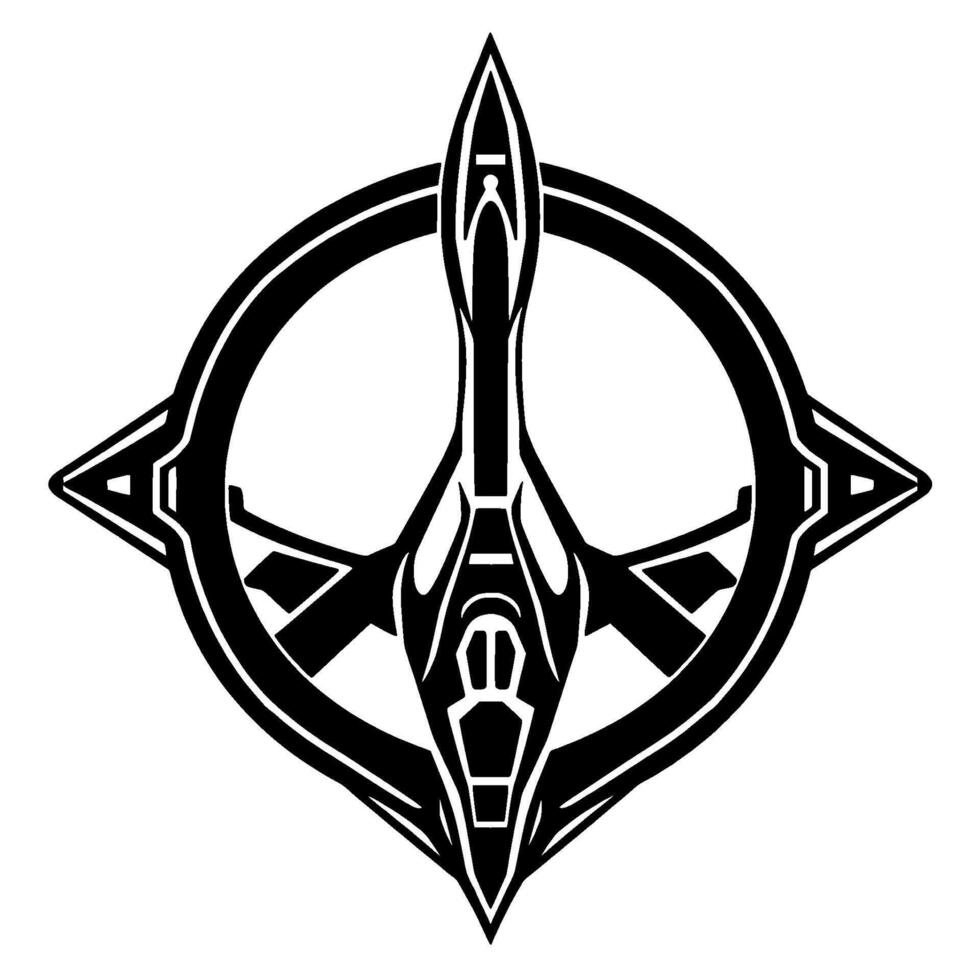 Black and white symmetrical insignia featuring stylized aircraft within a circle and diamondshaped elements, minimalist art style. vector