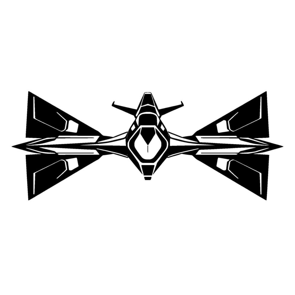 Topdown, symmetric, stylized, black and white illustration of a futuristic spaceship with expansive, angular wings and intricate detailing on a clean white background. vector