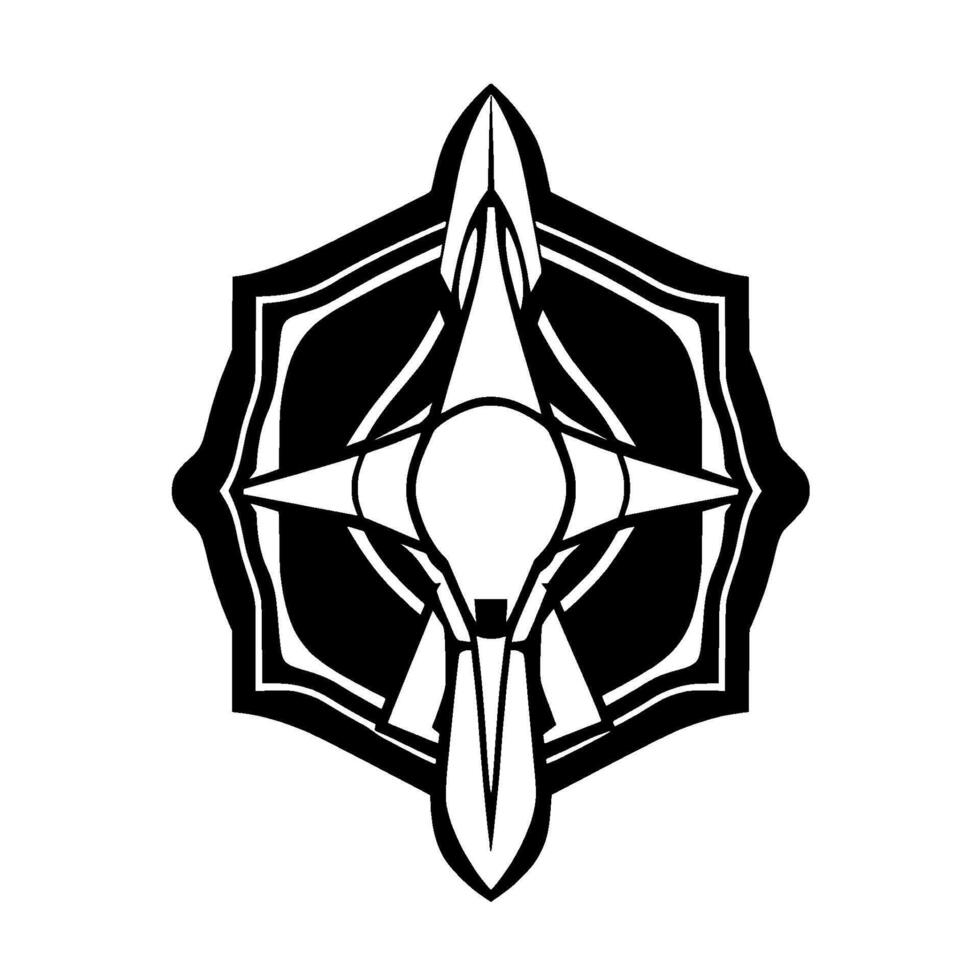 Symmetrical black and white geometric resembling a stylized compass rose within an ornate shield shape. vector