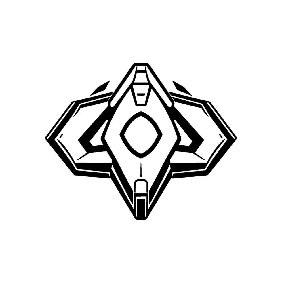 Geometric, symmetrical black and white illustration of a futuristic, stylized, spaceshiplike emblem or insignia, featuring sharp angles and a central oval. vector