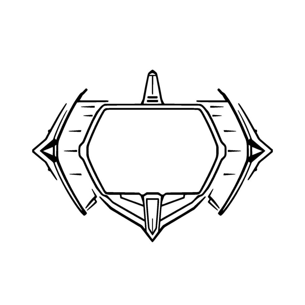 Futuristic, symmetrical, minimalist blackandwhite featuring an angular shield shape with central space for text. vector