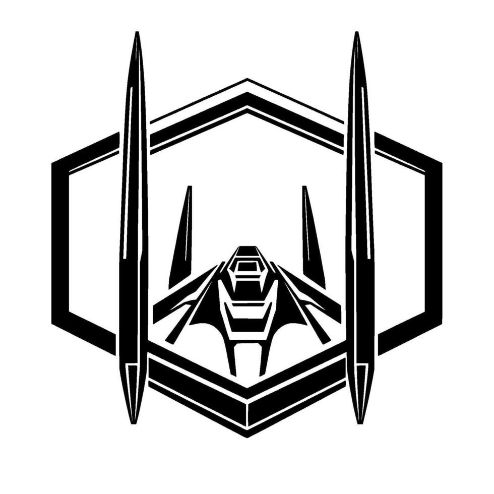 Geometric Black and White Emblem Futuristic Spaceship within a Hexagonal Frame, Abstract and Minimalist, Emblematic Style. vector