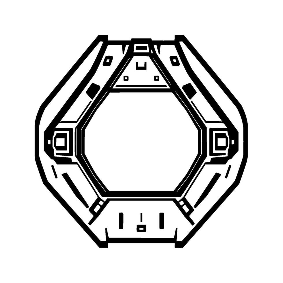Black and White Hexagonal Futuristic Frame with Geometric Details and Open Center, Minimalist , Isolated on White. vector