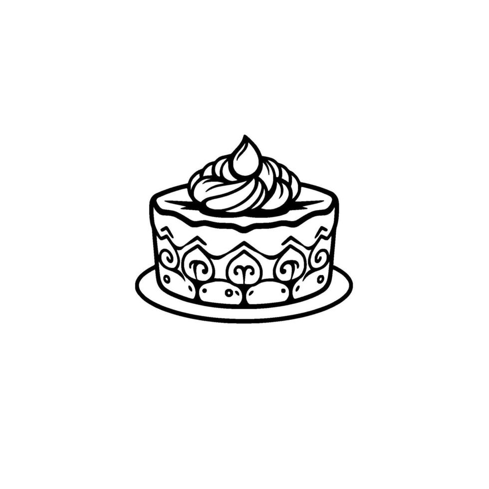 An ornate, whimsical black and white illustration of a round cake adorned with swirled frosting, set on a matching plate. vector