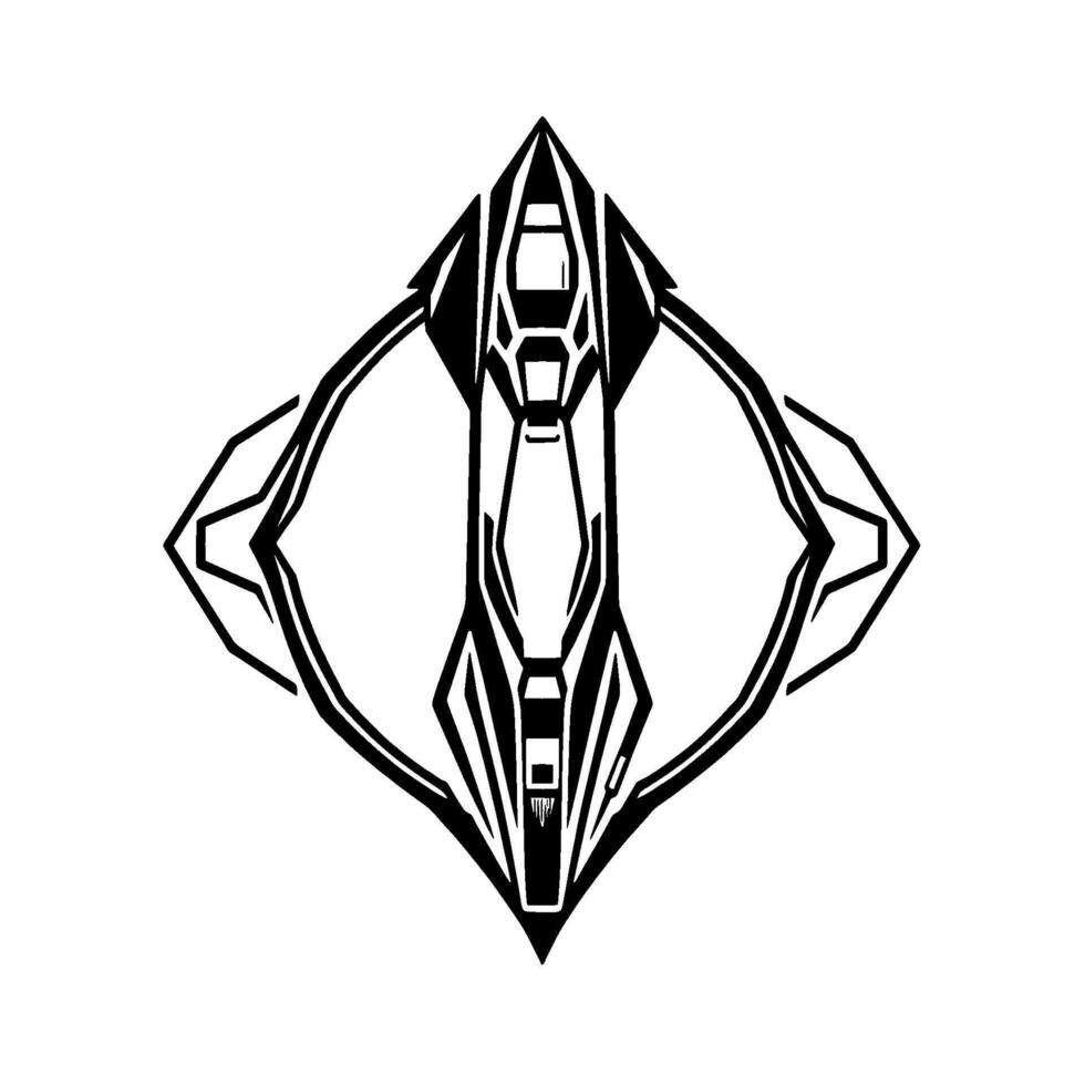 Symmetric, Futuristic Spaceship with Geometric, Black and White Details and a DiamondShaped Overlay on a White Background. vector