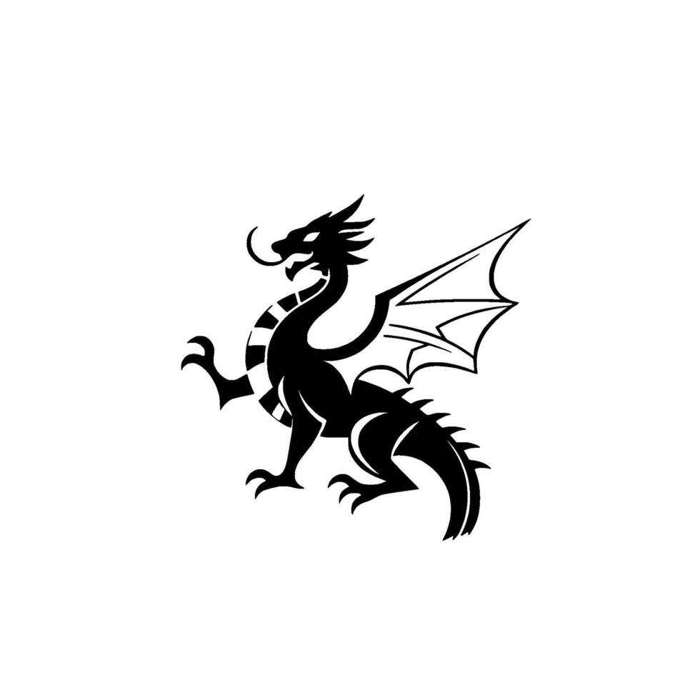 Black Dragon Silhouette with Detailed Wings, Spikes, and Striped Torso on White Background, Ideal for . vector