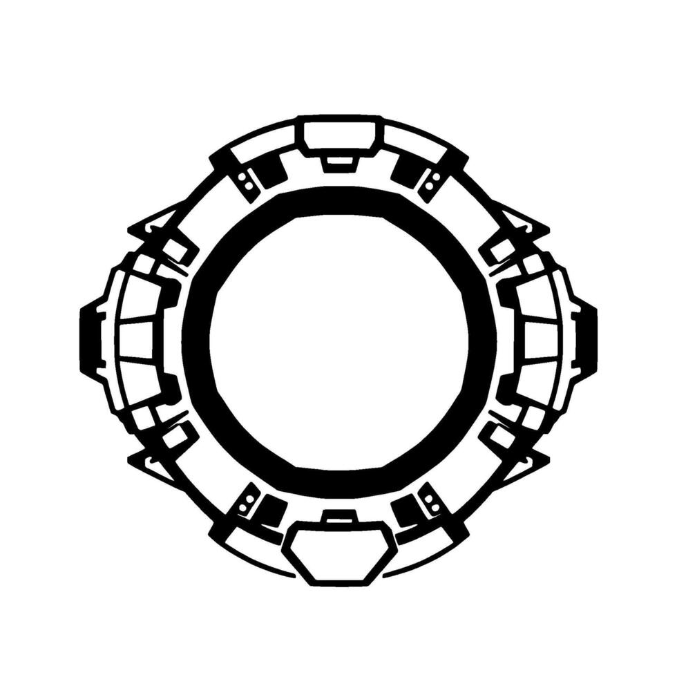 Intricate black and white symmetrical radial with a central circular void, reminiscent of a futuristic emblem or technical component, isolated on a white background. vector