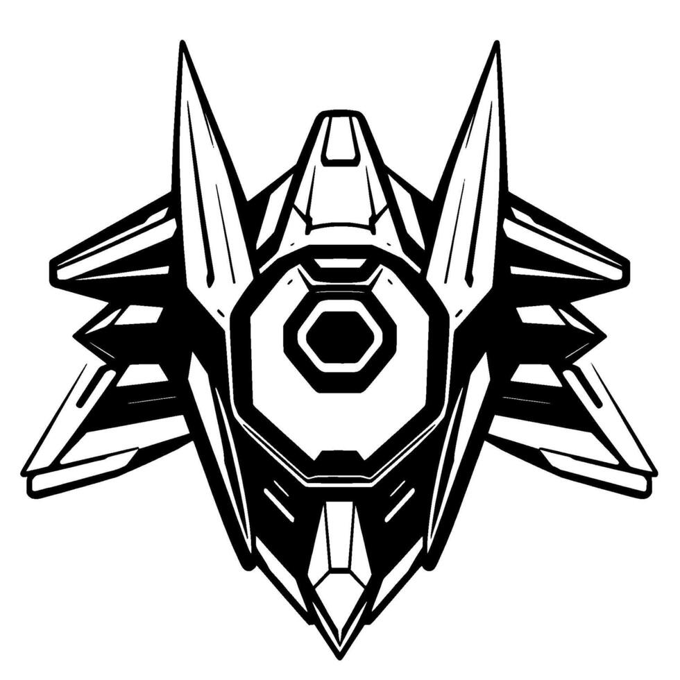 Bold, black and white stylized illustration of a futuristic robotic face with sharp angles, hexagonal features and symmetrical composition. vector