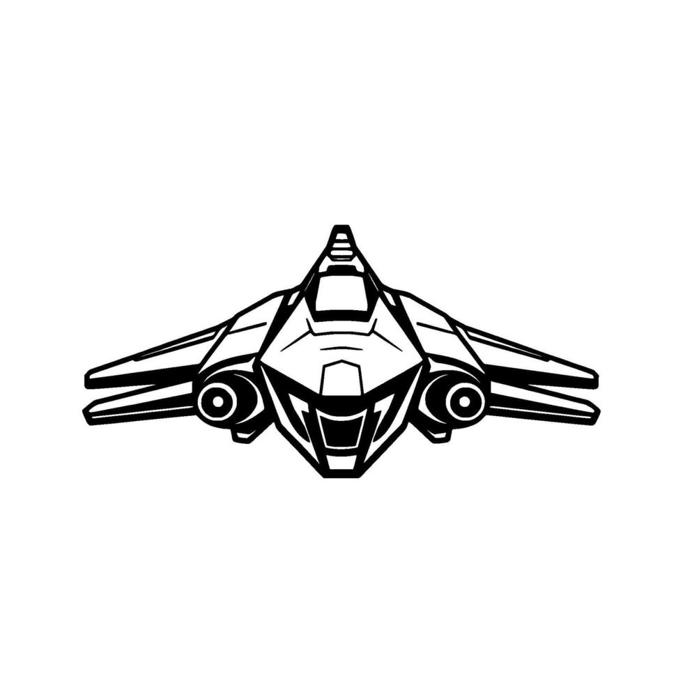 Futuristic Spaceship Illustration A symmetrical, minimalist black and white drawing of a modern spacecraft with distinctive engine pods, and triangular fuselage. vector