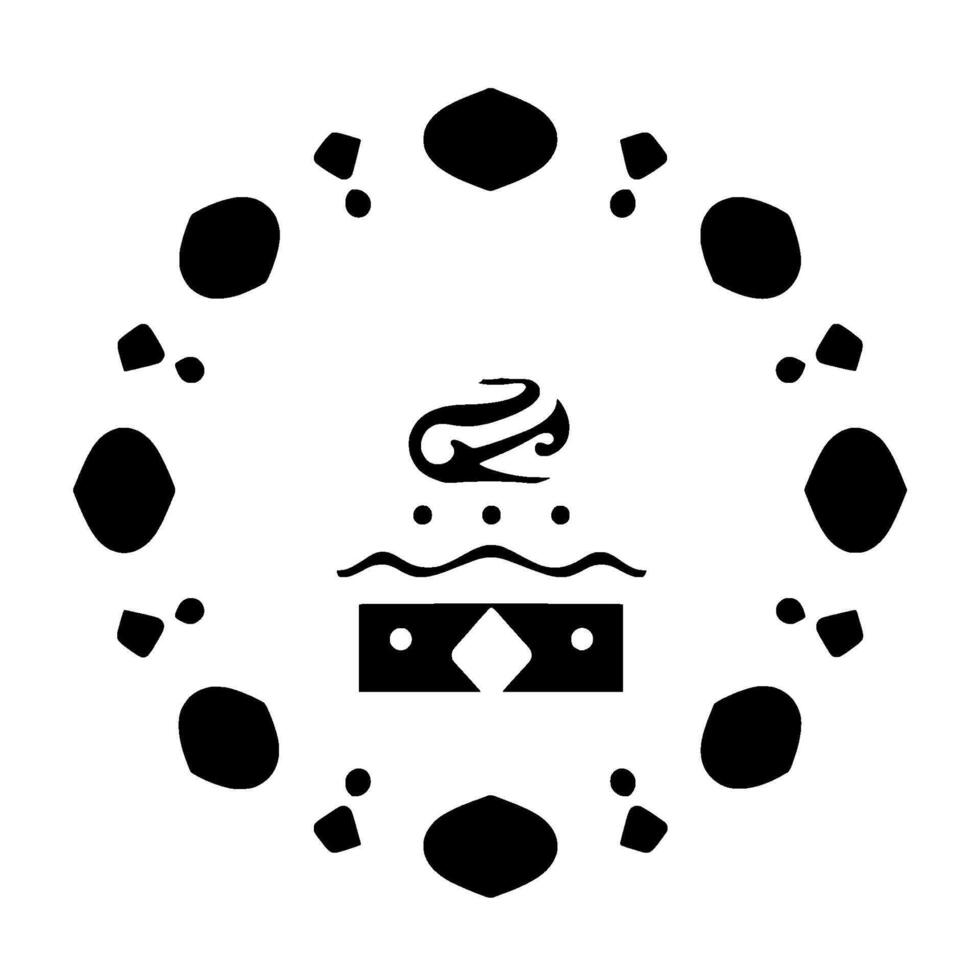 Abstract black and white of a stylized cakelike form at the center, circled by a series of irregular abstract shapes. vector