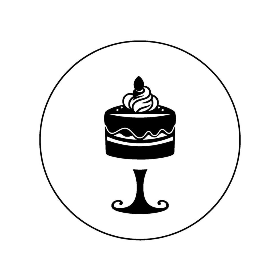 Elegant monochrome illustration a layered cake with whipped cream topping and a cherry on a classic cake stand, all within a circle. vector
