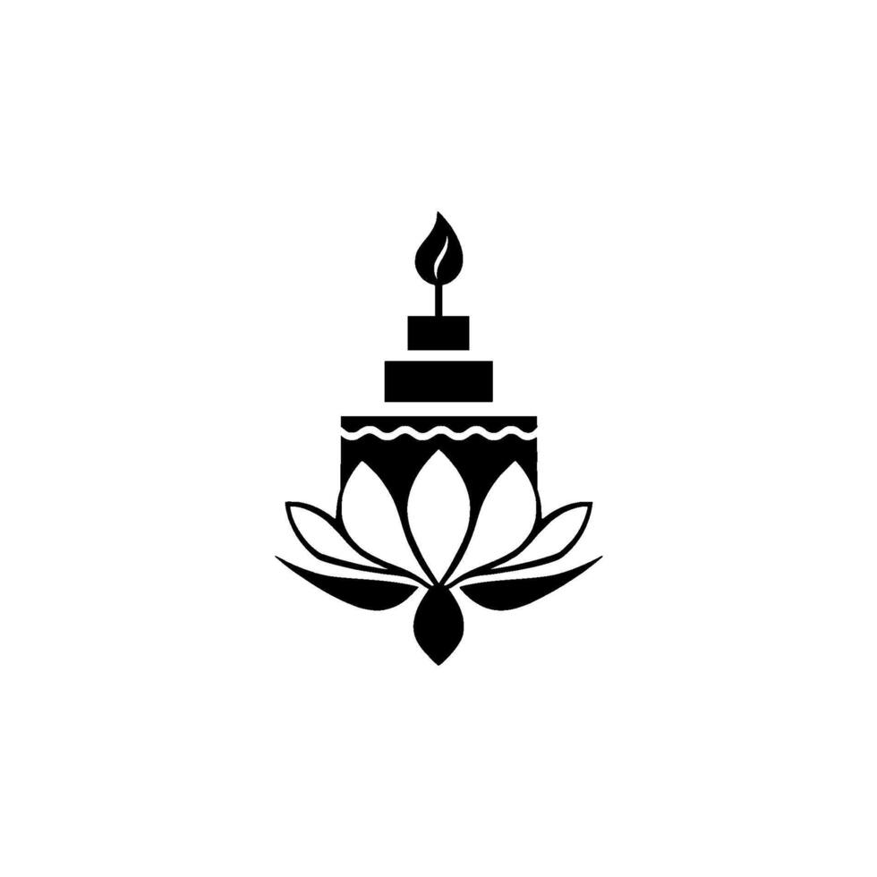Minimalist blackandwhite featuring a candle atop a tiered cake with lotus flower base, conveying serenity and celebration. vector