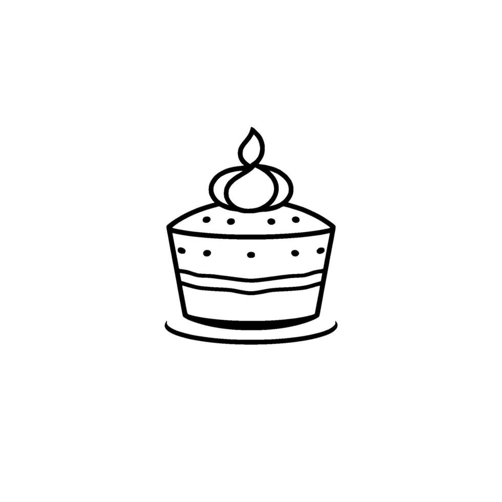 Minimalist Black and White Line Art Illustration of a Layered Cake with a Decorative Top and CandleLike Detail on a White Background. vector