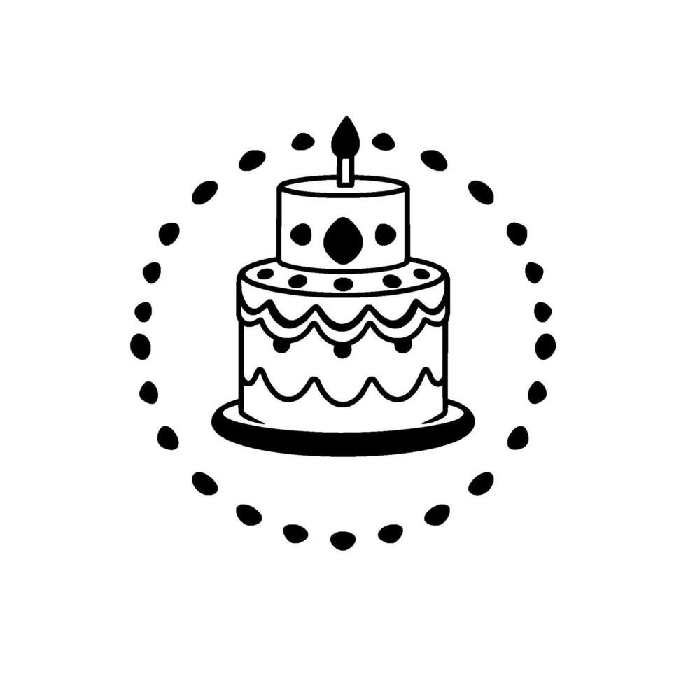 Minimalist TwoTier Birthday Cake with a Lit Candle, Adorned with Decorative Black Dots in a Circular Frame, on a White Background. vector