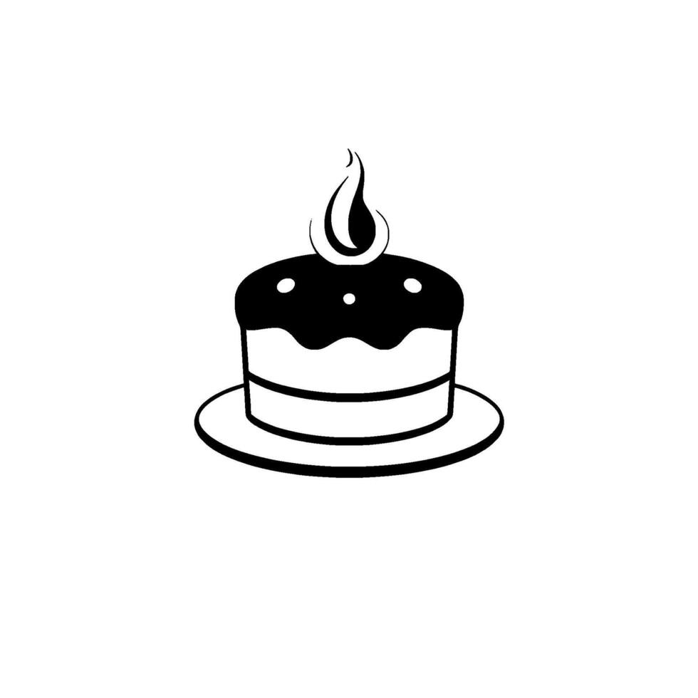 Minimalist Black and White Illustration of a Cake with a Lit Candle on a Plate, Symbolic of Celebrations. vector