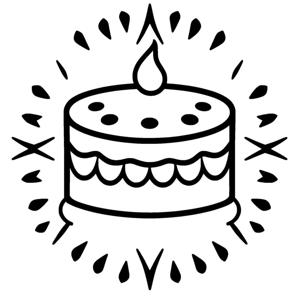 Minimalist Black and White Illustrated Birthday Cake, Lit Candle, with radiating Sparkles and Decorative Elements, Doodle Style, Celebration. vector