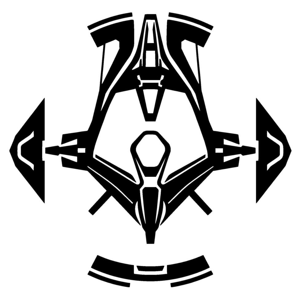 Symmetric Black and White Art of a Futuristic Spacecraft with Angled Wings and Central Cockpit, Isolated on White. vector