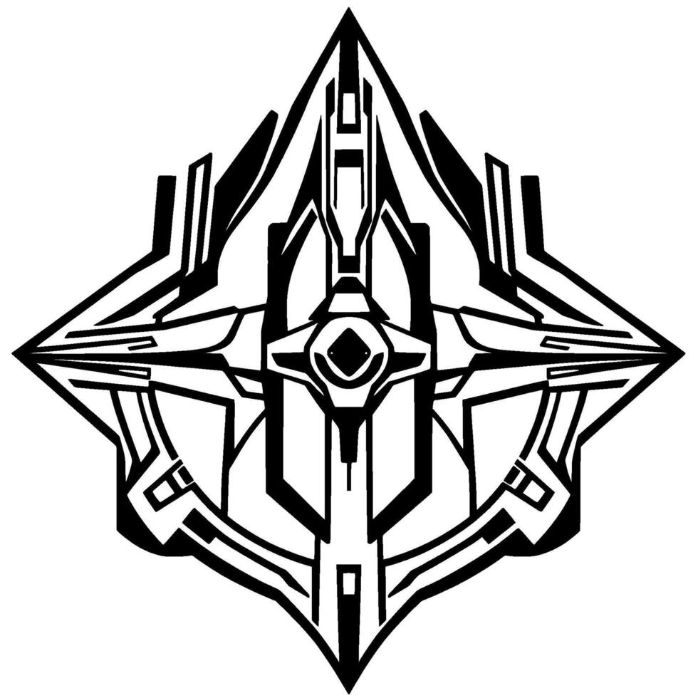 Geometric, symmetrical black and white abstract artwork featuring a diamond shape, mechanical elements, and central eyelike detail. vector