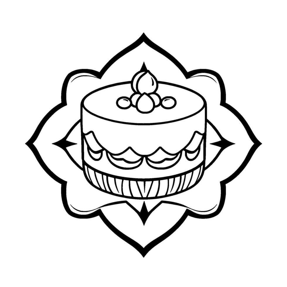Elegant Black and White Illustration Round Cake with Ornate Details, Set Within a Stylized Floral Mandala. vector