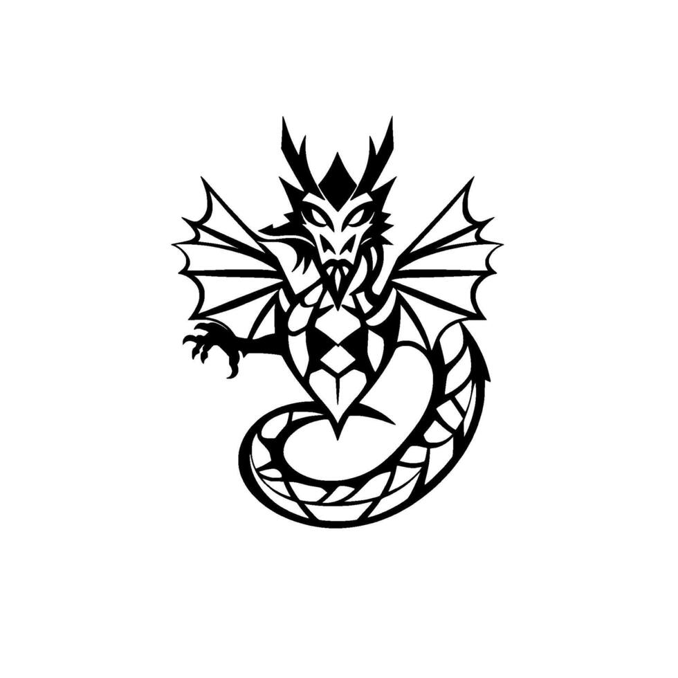 Stylized Black and White Dragon Illustration Intricate Geometric with Spikes, Wings, and Curling Tail on White Background. vector