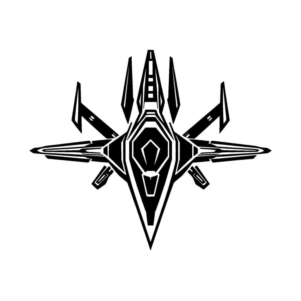 Symmetrical, Black White Geometric Spaceship with Angular Wings, Futuristic, Isolated on White, TopDown View. vector