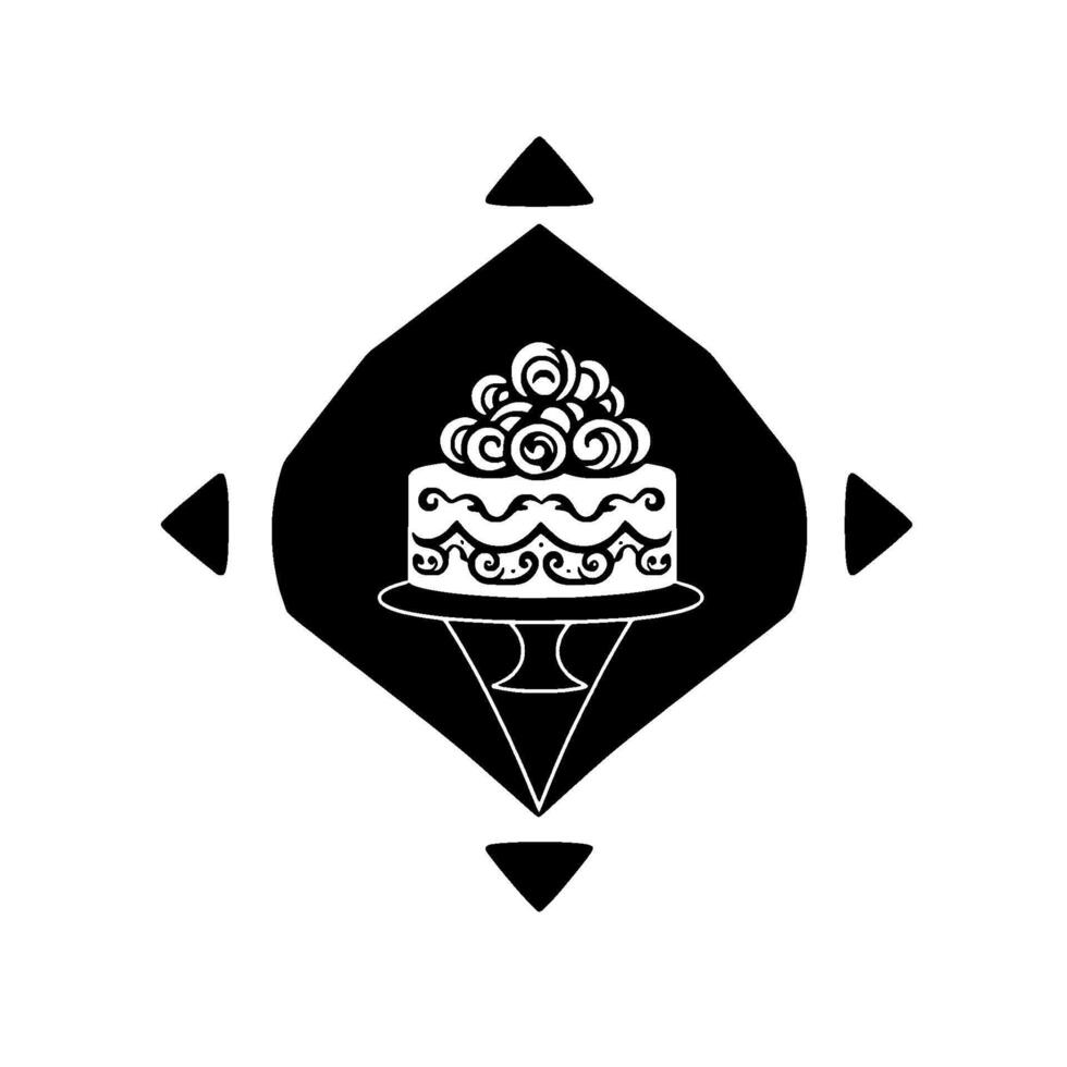 Elegant black and white illustration of a tiered cake with ornate frosting on a cake stand, surrounded by stylized diamond and arrow elements. vector