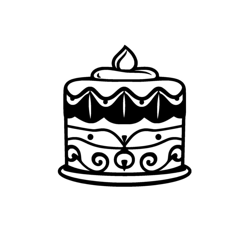 Elegant black and white illustration of a tiered cake with decorative swirls, dots, and a whipped cream topping. vector
