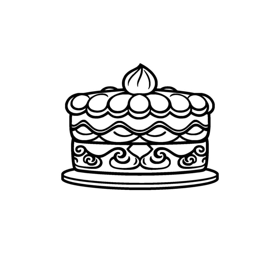 Ornate Black and White Cake Illustration with Detailed Decorative Elements, Including Swirls, Ruffles, and Topping. vector