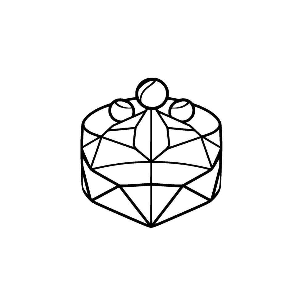 Minimalist Black Line Art Geometric CrownGift Box with Gemlike Facets and Pearllike Orbs on White Background. vector