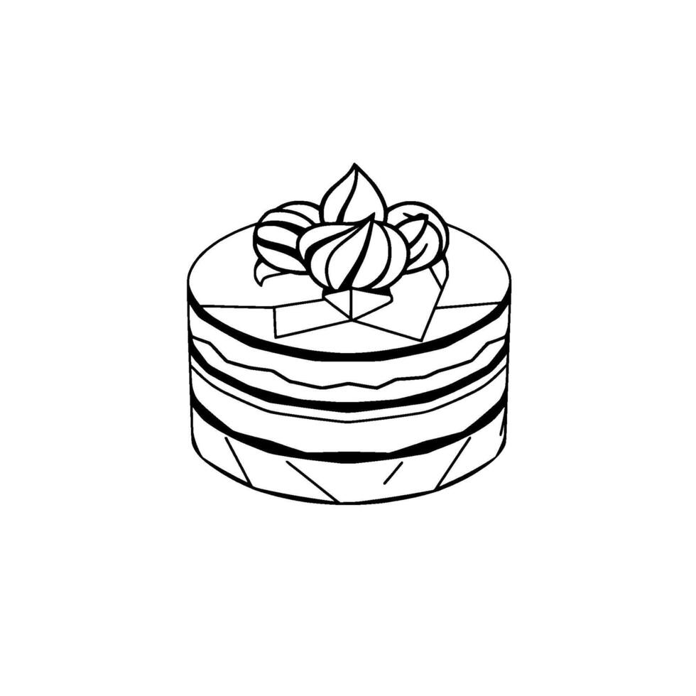 Monochrome Illustration of a Tiered Cake Decorated with Swirls and a Bow, on a White Backdrop. vector