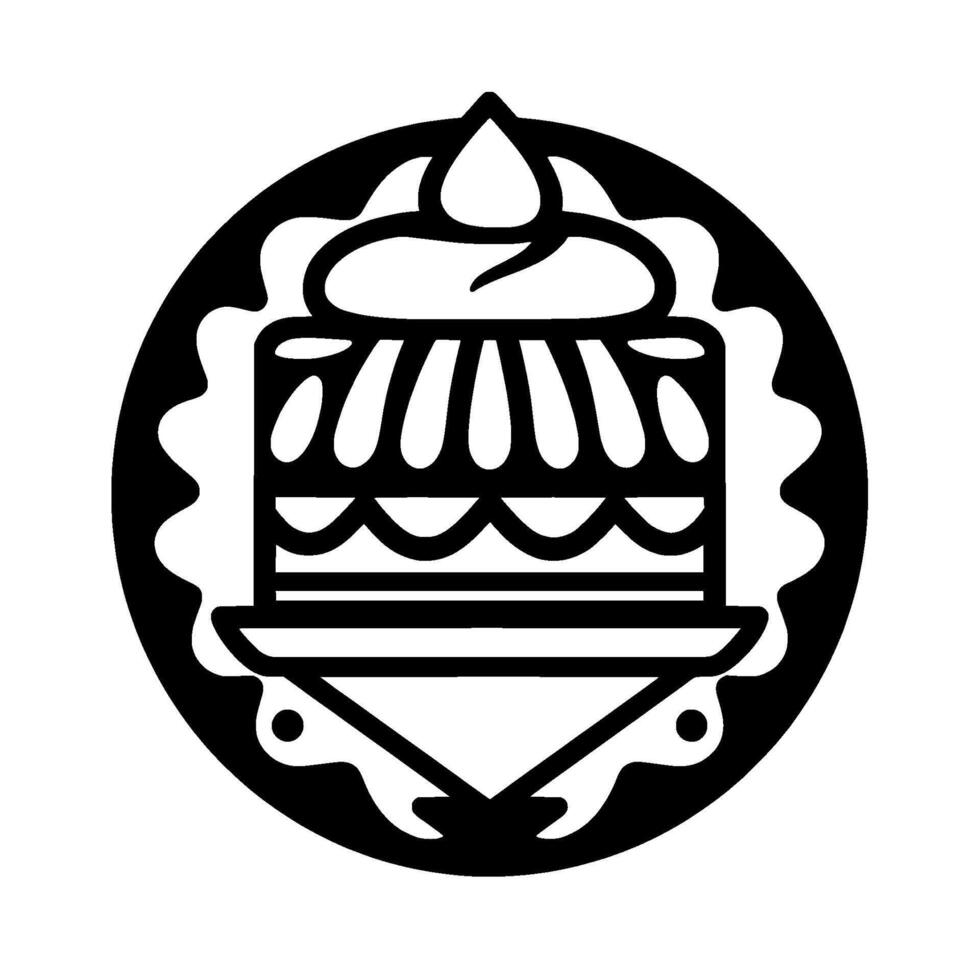 Artistic Monochromatic of a Layered Cake with Whipped Cream, Presented on a Tray within a Decorative Circular Frame vector