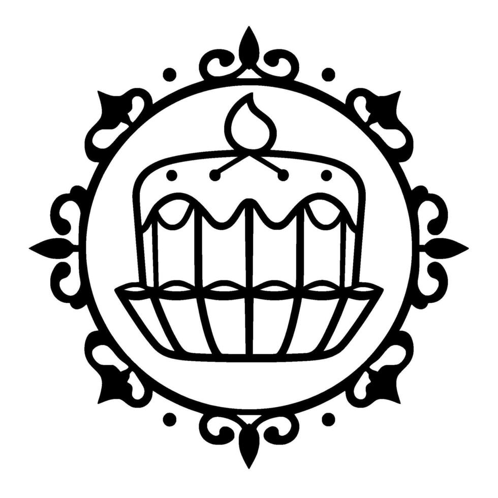 Intricate Black and White A Cake with a Candle, Enclosed in a Decorative, Ornate Circular Frame. vector