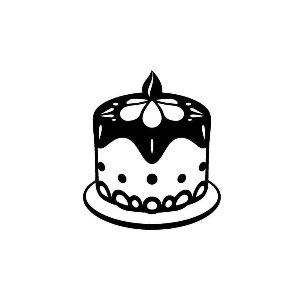 A minimalist black and white cake illustration, featuring floral accents, a drippy glaze, and a delicate base, evoking a sense of celebration. vector