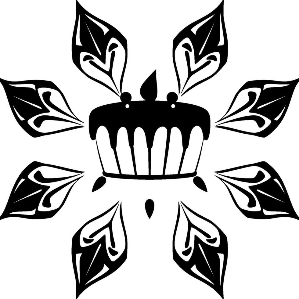 Stylized black and white illustration featuring a floral arrangement surrounding a cupcakelike center with drip icing and a candlelike element. vector