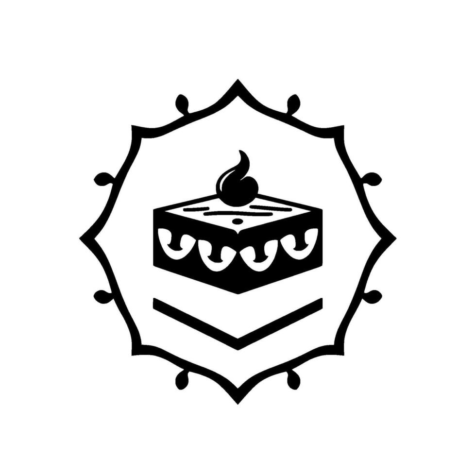 Elegant Black and White Cake with Ornamental Frame, Decorative Swirls, and CandleLike Topping in a Clean, Minimalist Style vector