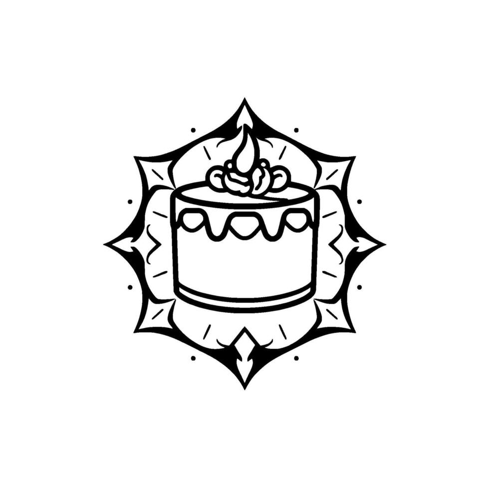 Bold black and white illustration of a layered cake adorned with frosting and embellishments, centered within a decorative floral border. vector