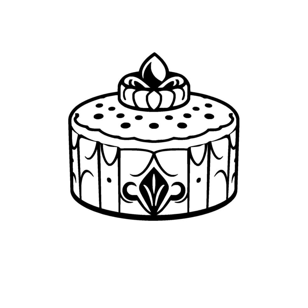 Detailed black and white line drawing of a round, ornate cake with a layered top, spotted icing, and elegant side panel details. vector