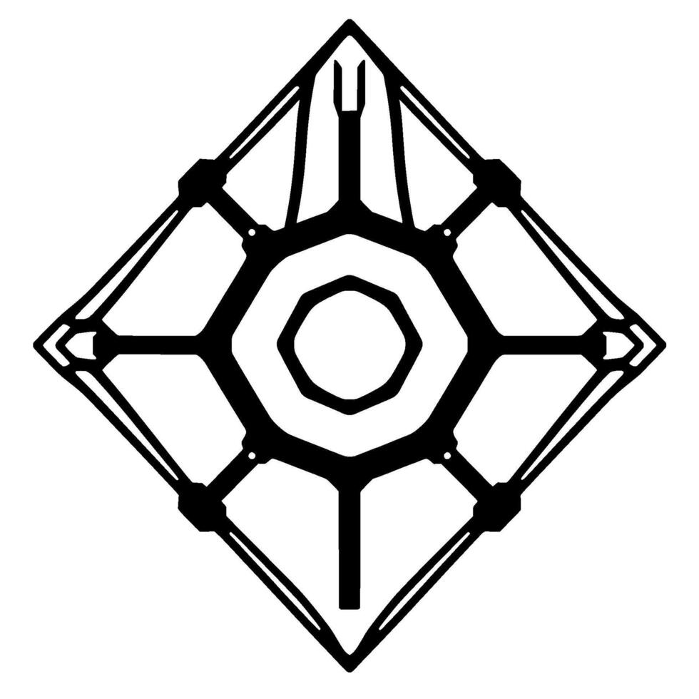Symmetric, geometric black and white diamondshaped illustration with octagonal center, futuristic, tech, and robotic elements. vector