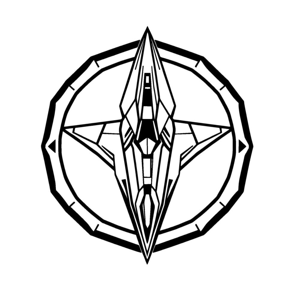 geometric black and white featuring an abstract starshaped emblem, inside a compasslike segmented circle with polygonal elements. vector