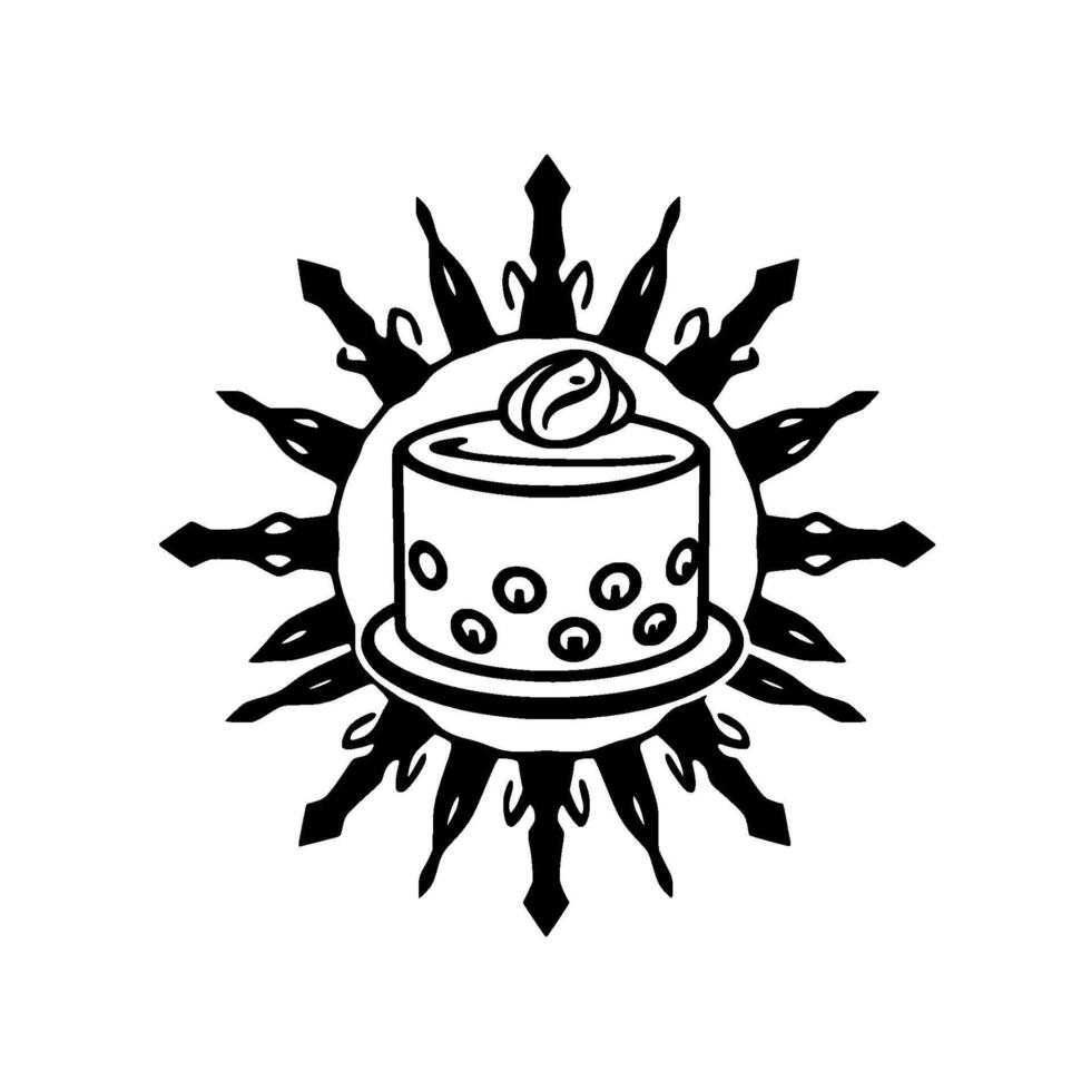 Black and white stylized image of a cake with coffee bean on top, surrounded by a sunburstlike ornamental . vector