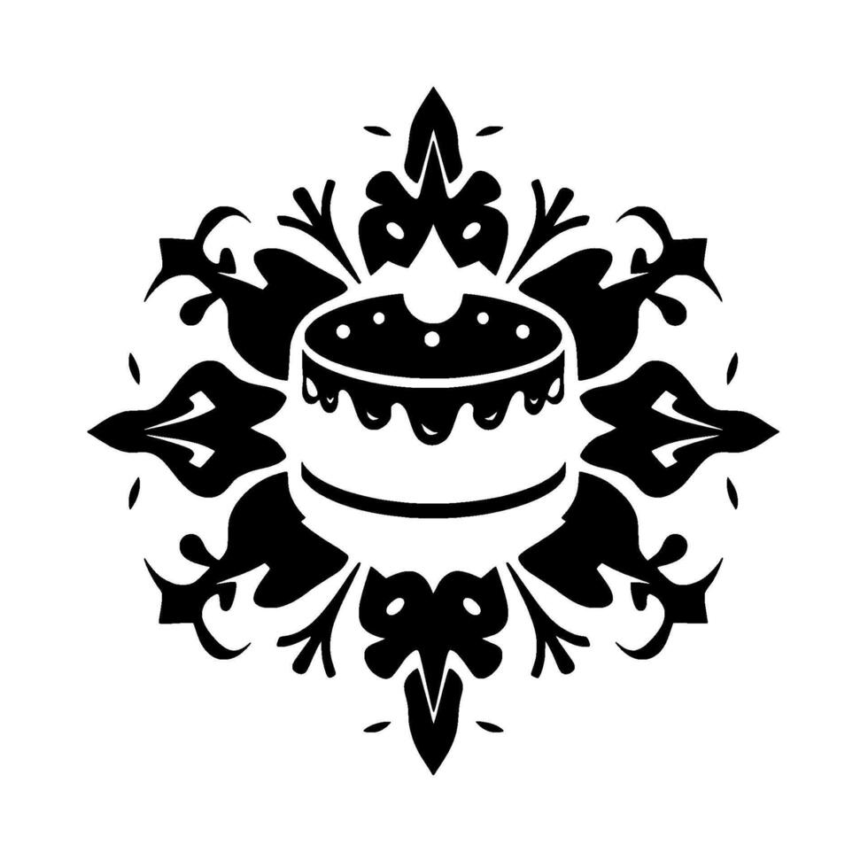 Black and white symmetrical illustration of a cake surrounded by ornate, florallike elements. vector