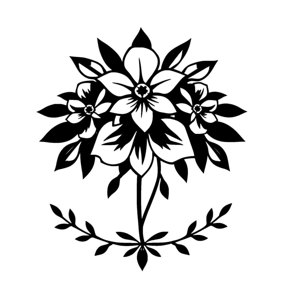 Artistic Black and White Floral Illustration Stylized Blossoms and Foliage Composition on White Background. vector