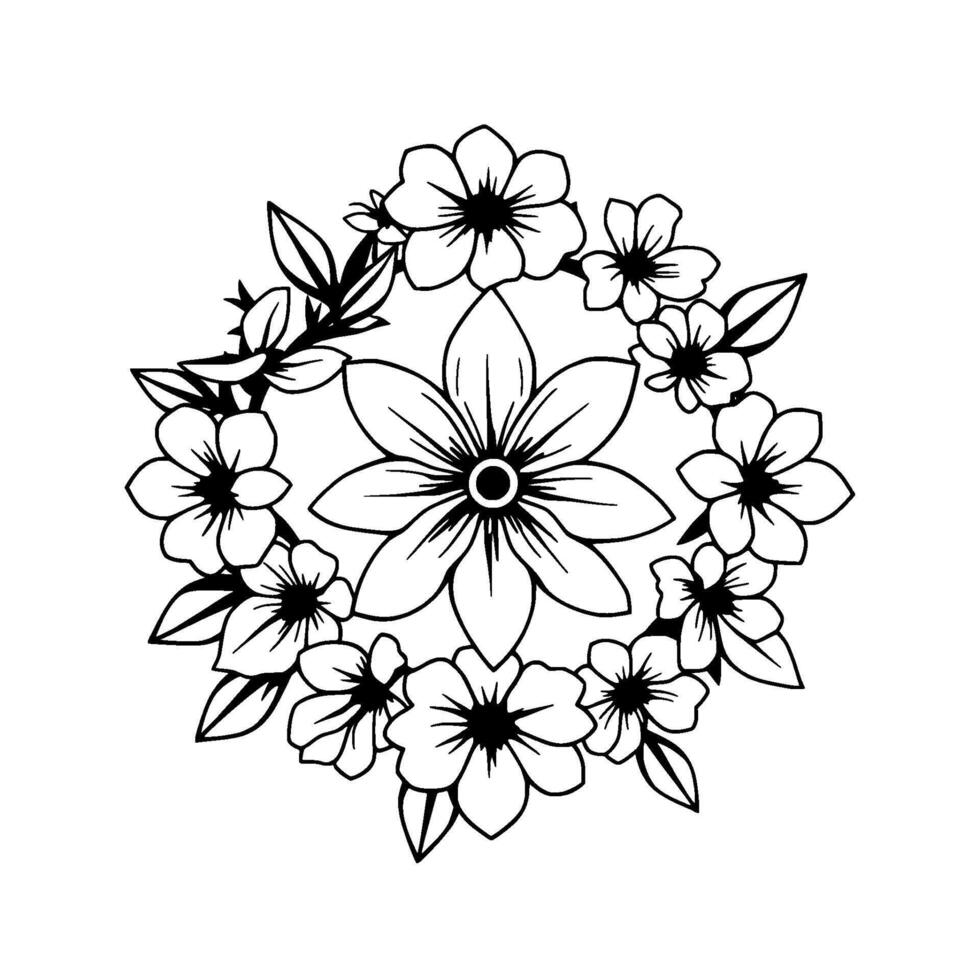 Intricate black and white floral wreath featuring a central, large bloom, surrounded by smaller flowers and leaves. vector