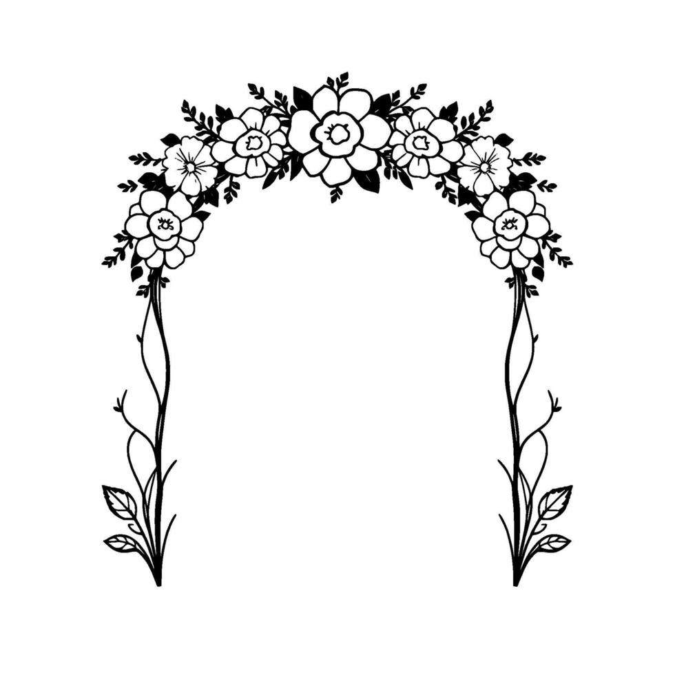 Elegant floral archway illustration featuring black and white flower and leaf details, perfect for wedding invitations or decorative designs, with a clean, minimal aesthetic. vector