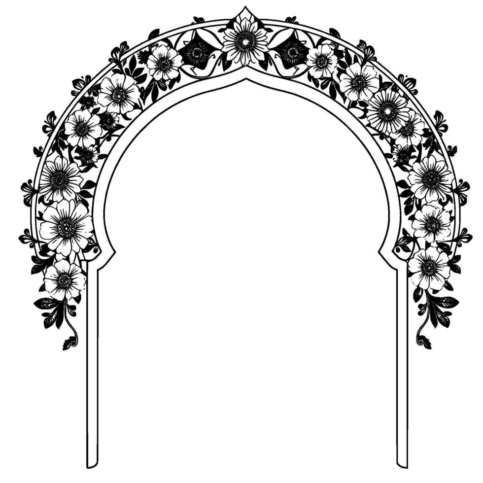 Intricate Black and White Floral Archway Illustration, Featuring Detailed Flower and Leaf in a Symmetrical Composition, Ideal for Decoration. vector