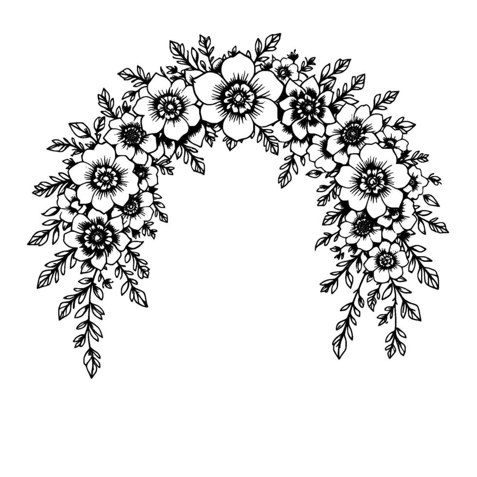 Elegant, symmetrical floral arch illustration, featuring detailed black and white botanical with blooming flowers and foliage on a clean white background. vector