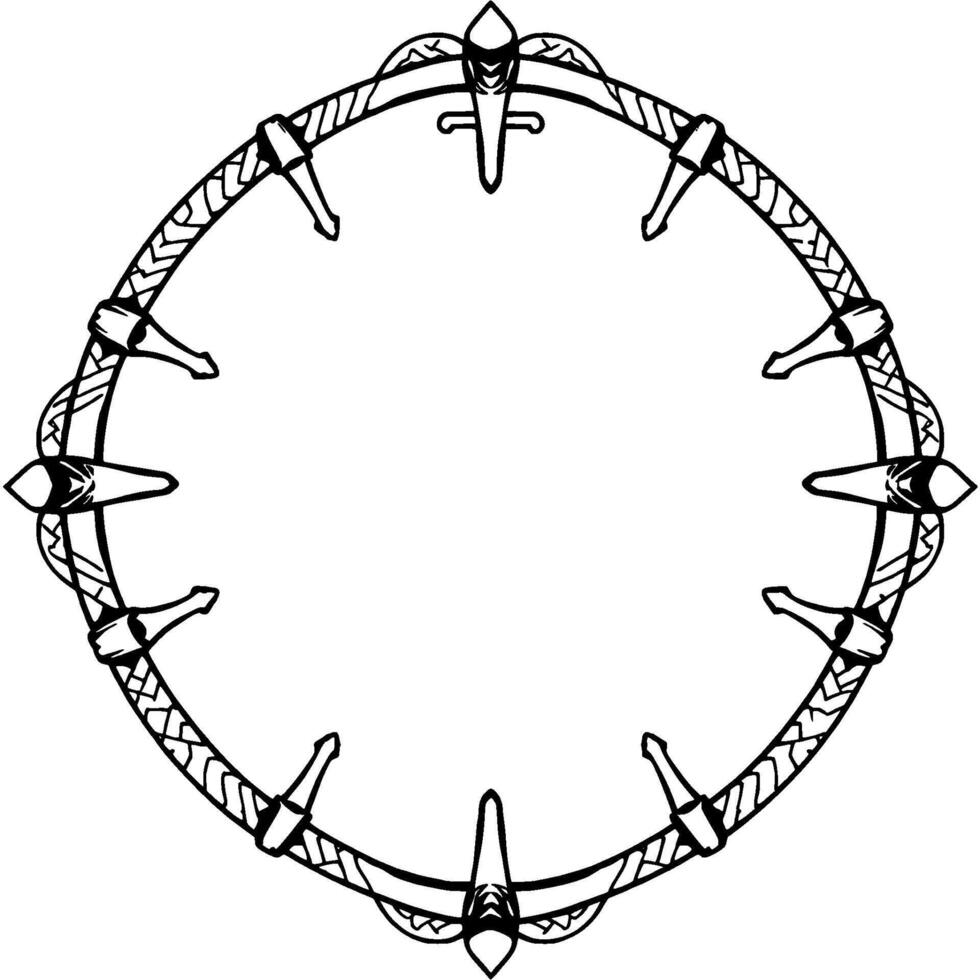 Circular Ornamental Frame with Intertwined Elements, Swords, and Decorative Flourishes in Black and White, Symmetric and . vector