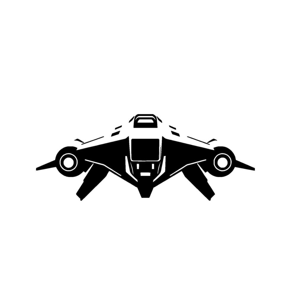 illustration of a symmetrical, futuristic spacecraft in black and white, featuring circular engine details and wings against a clean backdrop. vector